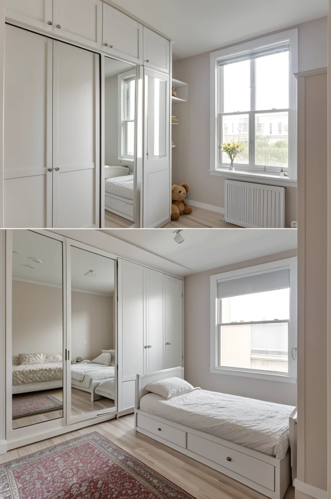 a room with a glass window a bed with a teddy bear,un closet ,a white dresser , a large mirror and a television 