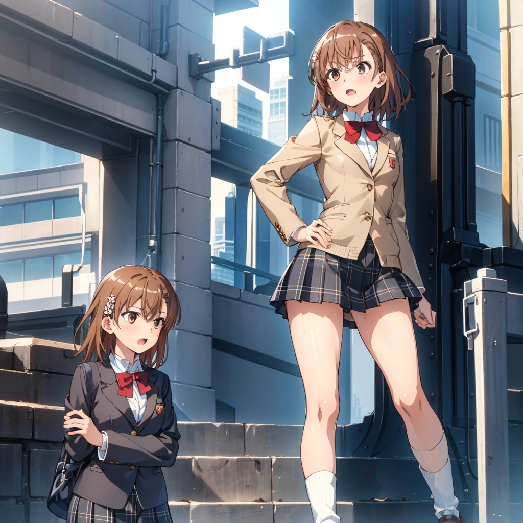 ((Best Quality)), ((masterpiece)), (detailed), 1girl, solo, perfect face, beautiful face, detailed face, detailed hands, detailed fingers, perfect eyes, perfect hair, detailed hair, seductive look, Misaka_mikoto, bowtie, brown jacket, red bow, red bowtie,blazer, bow, ， skirt, pleated skirt, shorts, grey skirt, socks,shoes, loose socks, shorts under skirt, loafers, brown footwear, black skirt, short shorts, blue plaid skirt with criss-cross lines in black and tan, pleated skirt with black pleats and school style, open mouth, big thighs, small breasts, flat breasts, show face, focus face, face-to-face, facial zoom, noise reduction, clarity and sharpness, Brown eyes, embarrassed, beautiful, big hips, SEXY, roar, sexy pose
