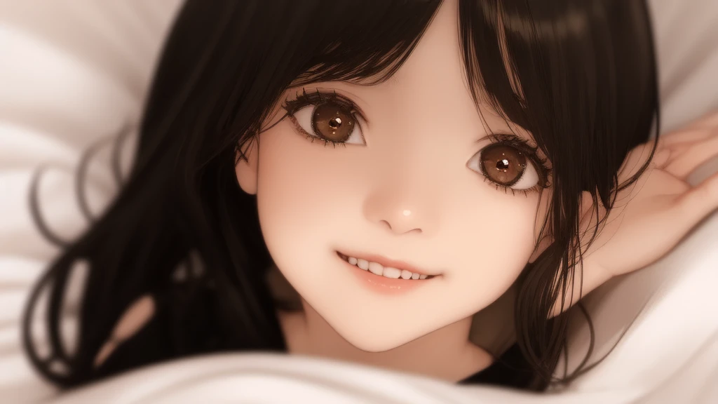 woman、One person、On the bed、Black knit、Looking up、Brown eyes、Black Hair、smile、front、Upper body close-up