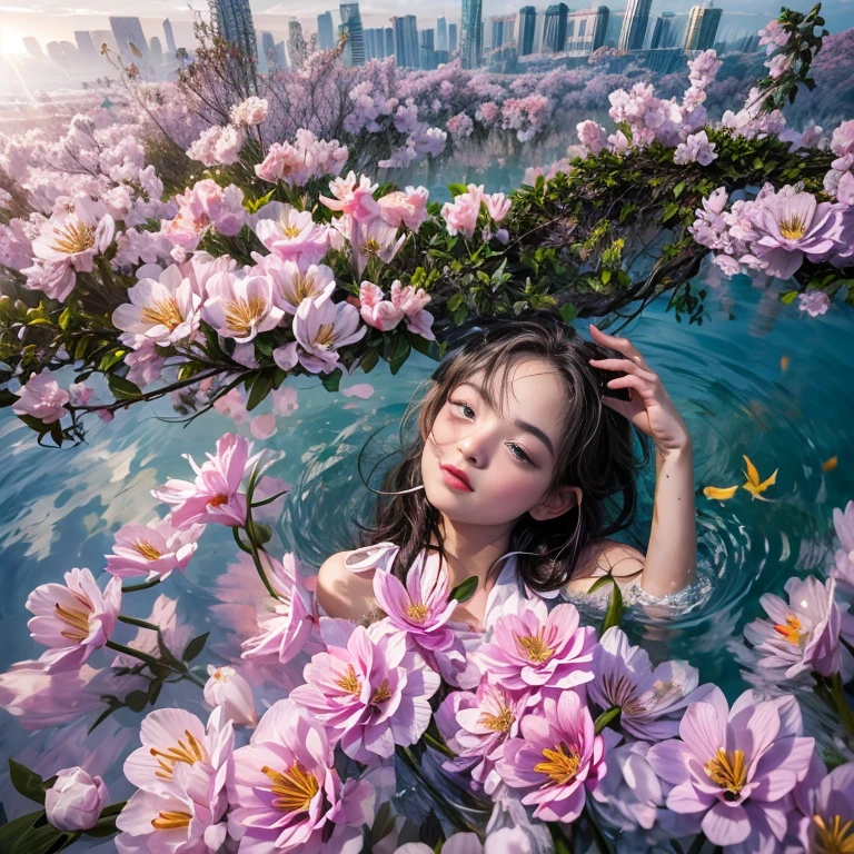 ExtremelyDetailed(ProfessionalPhoto of Girl Floating in the Sky:1.37), 280th floor infinity pool，The tallest building in the urban forest, {Around bonsai|Luo Han Song|coconut palms|tulips|Rose flower}, (Masterpiece 8K TopQuality:1.2),  (ExtremelyDetailed KAWAII face Eyes:1.28){ElaboratePupils with (SparklingHighlights:1.28)|DoubleEyelids with (Voluminous LongEyelashes:0.88)|RosyCheeks}  BREAK   Detailed impeccable Radiant PearlSkin with Transparency, Skinny(SchoolSwimwear:1.28) beautiful graceful {(HiddenHand)|((Corrected BabyLikeHand))} (Whole Body Proportions and all limbs are Anatomically Accurate), (Full of Flowers)(extra limbs:-1.4)