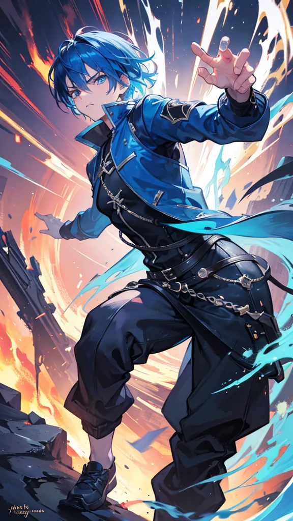 1 boy with vibrant blue hair, swinging fiery sword, glowing blue eyes, wearing blue jacket, black shirt, white sneakers, angry expression, dramatic background of fire and ice, cinematic lighting, detailed facial features and anatomy, (best quality,4k,8k,highres,masterpiece:1.2),ultra-detailed,(realistic,photorealistic,photo-realistic:1.37),cinematic lighting, dramatic atmosphere, intricate detail, vibrant colors, fantasy art style