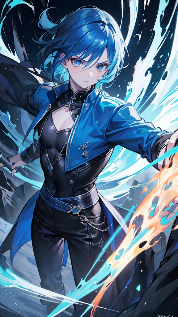 1 boy with vibrant blue hair, swinging fiery sword, glowing blue eyes, wearing blue jacket, black shirt, white sneakers, angry expression, dramatic background of fire and ice, cinematic lighting, detailed facial features and anatomy, (best quality,4k,8k,highres,masterpiece:1.2),ultra-detailed,(realistic,photorealistic,photo-realistic:1.37),cinematic lighting, dramatic atmosphere, intricate detail, vibrant colors, fantasy art style