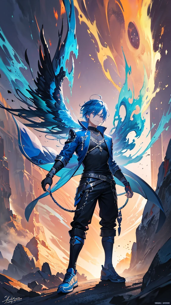 1 boy with vibrant blue hair, swinging fiery sword, glowing blue eyes, wearing blue jacket, black shirt, white sneakers, angry expression, dramatic background of fire and ice, cinematic lighting, detailed facial features and anatomy, (best quality,4k,8k,highres,masterpiece:1.2),ultra-detailed,(realistic,photorealistic,photo-realistic:1.37),cinematic lighting, dramatic atmosphere, intricate detail, vibrant colors, fantasy art style