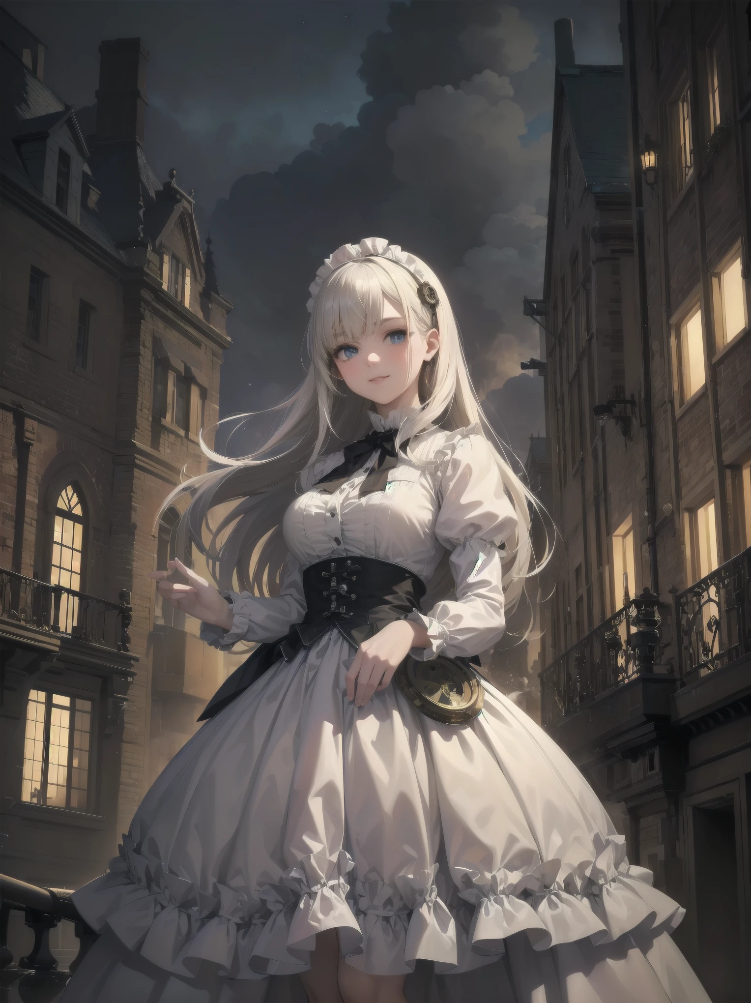 (Highest quality、16K、masterpiece、Ultra-high resolution、Victorian era、Photorealistic:1.2)、A delicate Lolita girl, , stands on a castle balcony at dusk, surrounded by the city's skyline and steampunk contraptions. Her platinum hair is messy, framing her androgynous charm. She wears a flowing white dress with a light green tie and holds a pocket watch in hand. A subtle smile plays on her lips as she gazes out at the night view, her eyes shining like sapphires. The air is filled with steam spewing from pipes, adding to the surreal atmosphere. Her skin glows with an ultra-dense texture, and her fingers are full and detailed.
