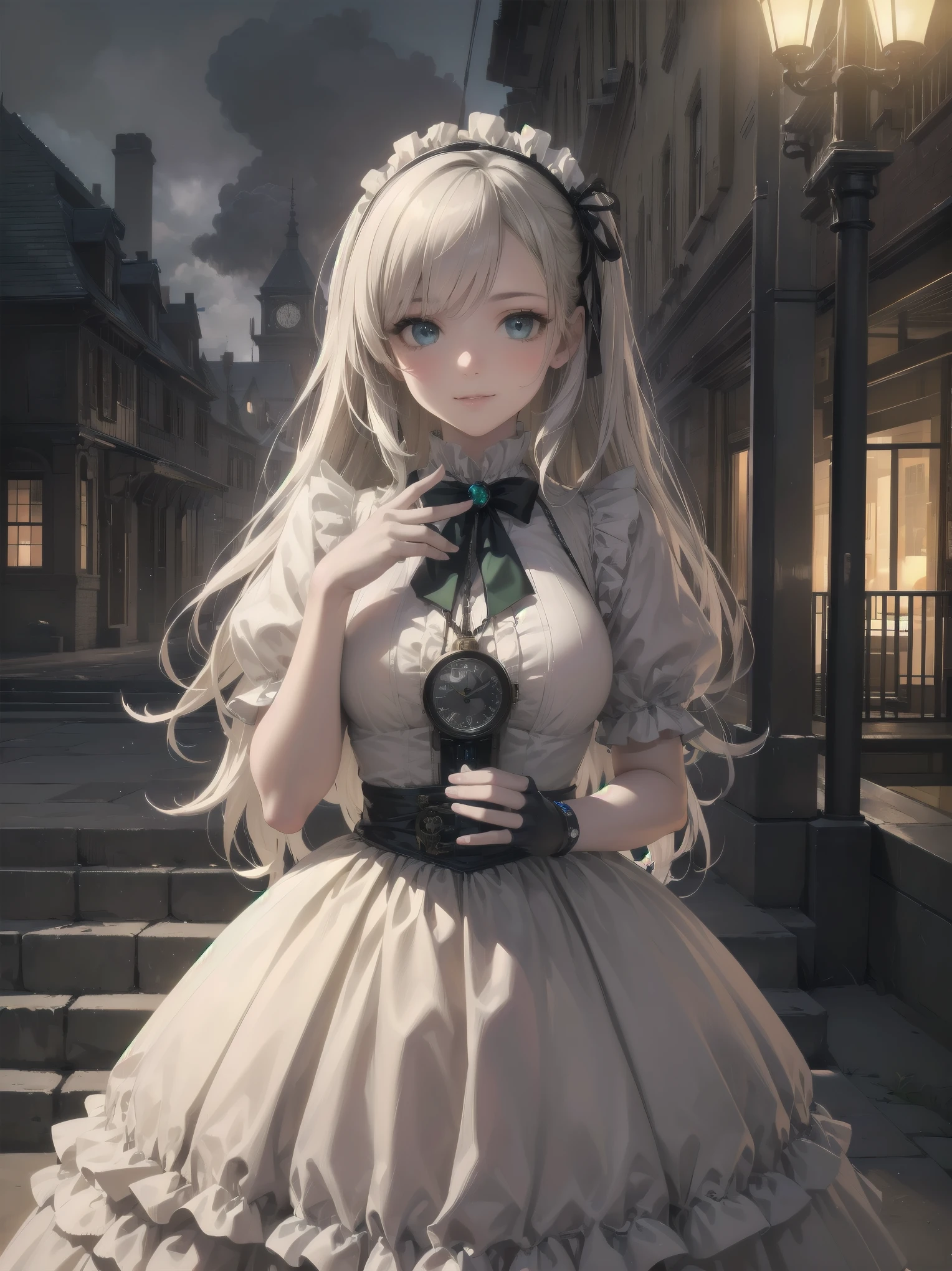 (Highest quality、16K、masterpiece、Ultra-high resolution、Victorian era、Photorealistic:1.2)、A delicate Lolita girl, aged 13, stands on a castle balcony at dusk, surrounded by the city's skyline and steampunk contraptions. Her platinum hair is messy, framing her androgynous charm. She wears a flowing white dress with a light green tie and holds a pocket watch in hand. A subtle smile plays on her lips as she gazes out at the night view, her eyes shining like sapphires. The air is filled with steam spewing from pipes, adding to the surreal atmosphere. Her skin glows with an ultra-dense texture, and her fingers are full and detailed.