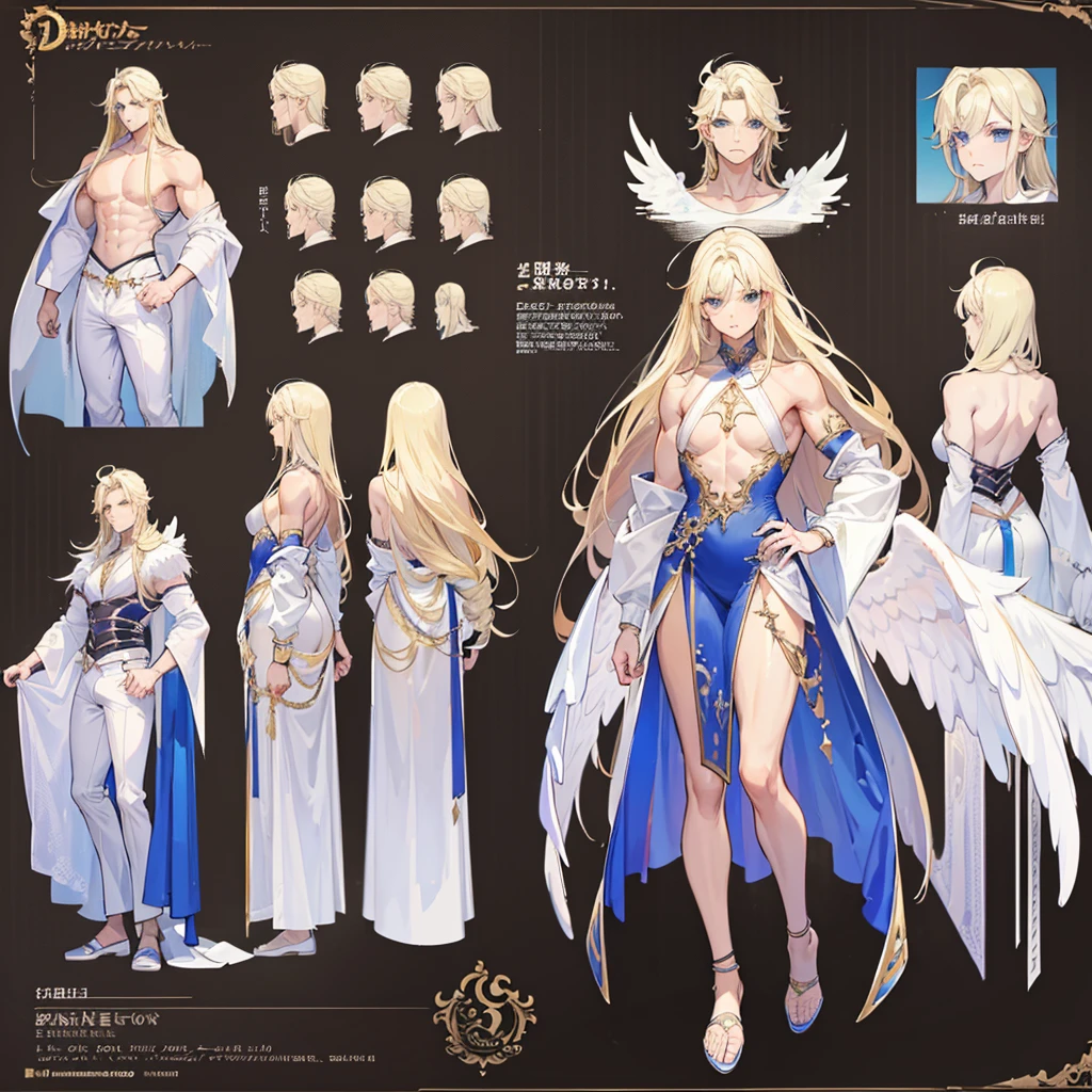 (Masterpiece, best quality), detailed, 1 man, ((character concept art)), ((character design sheet, same character, front, side, back)), full body, body complete, 1 Male angel, 1 Man angel, Detailed face, character design sheet，full bodyesbian, Highly detailed, character sheet, character design, Many parts, dark skin, angel wings, long blonde hair, angel outfit, muscle male god, male clothes, masculine, muscle man, male muscle, manly, male angel, Muscle male with long blonde hair，beautiful man, beautiful muscle man, abs, pectoral muscle