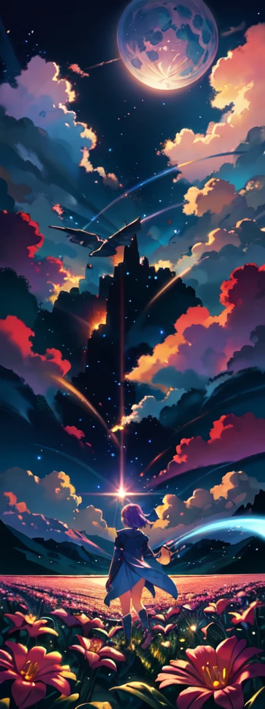 expansive landscape photograph , (a view from below that shows sky above and open field below), a girl standing on flower field looking up, bright sunny day (clouds:1.2), distant mountain, tree BREAK
production art, lot of purple and orange, intricate details, volumetric lighting, realism BREAK
(masterpiece:1.2), detailed shadows, (best quality), 4k, ultra-detailed, (dynamic composition:1.4), highly detailed, colorful details,( iridescent colors:1.2), (glowing lighting, atmospheric lighting), dreamy, magical, (solo:1.2)