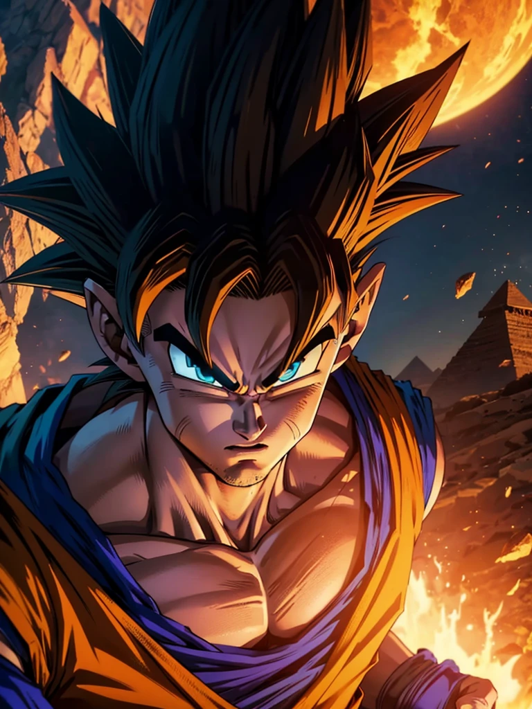 ((Dragon ball Z art-style)) 1 goku,a fierce muscular with a scar on his face,1man,detailed eyes,detailed face,dynamic pose,intense expression,egyptian pyramids in the background,(best quality,4k,8k,highres,masterpiece:1.2),ultra-detailed,(realistic,photorealistic,photo-realistic:1.37),dramatic lighting,cinematic composition,vibrant colors,epic fantasy,concept art