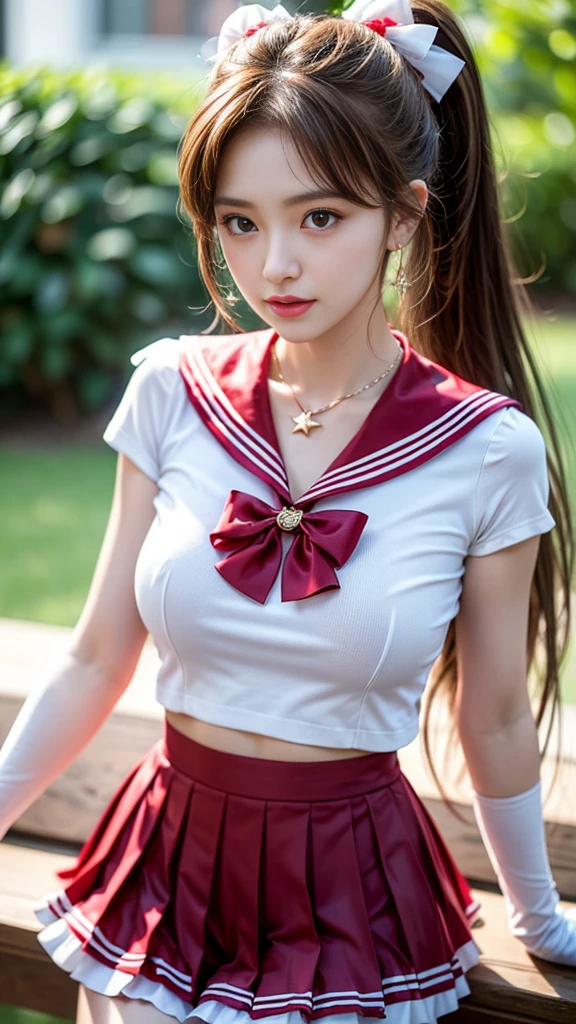 Big red bow hair ornament,(Blonde hair:1.3), (A lot of hair:1.3), (detailed hairs:1.2),Beautiful woman holding a shiny big red apple,White sailor suit,3Drenderingof