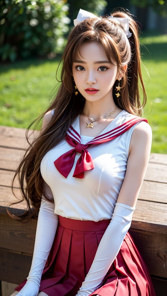 (, high resolution, Ultra Detailed, nffsw), On the table, best quality, SAMA1, Tira, Sailor warrior, White gloves, Red sailor collar, Red Skirt, Star necklace, Elbow groove, Pleated Skirt, Bare legs, Purple bow, Cowboy photoshoot, outdoor, Bokeh (85mm lens), Front camera, Gentle expression, wind blowing hair, fluffy hair, hair ((Brown)), Ponytail, Casual hairstyles, Blonde hair, Mole under left eye, Perfect body, Big breasts, Large Breasts, Top quality wearing hair ribbons, Earrings of top quality,