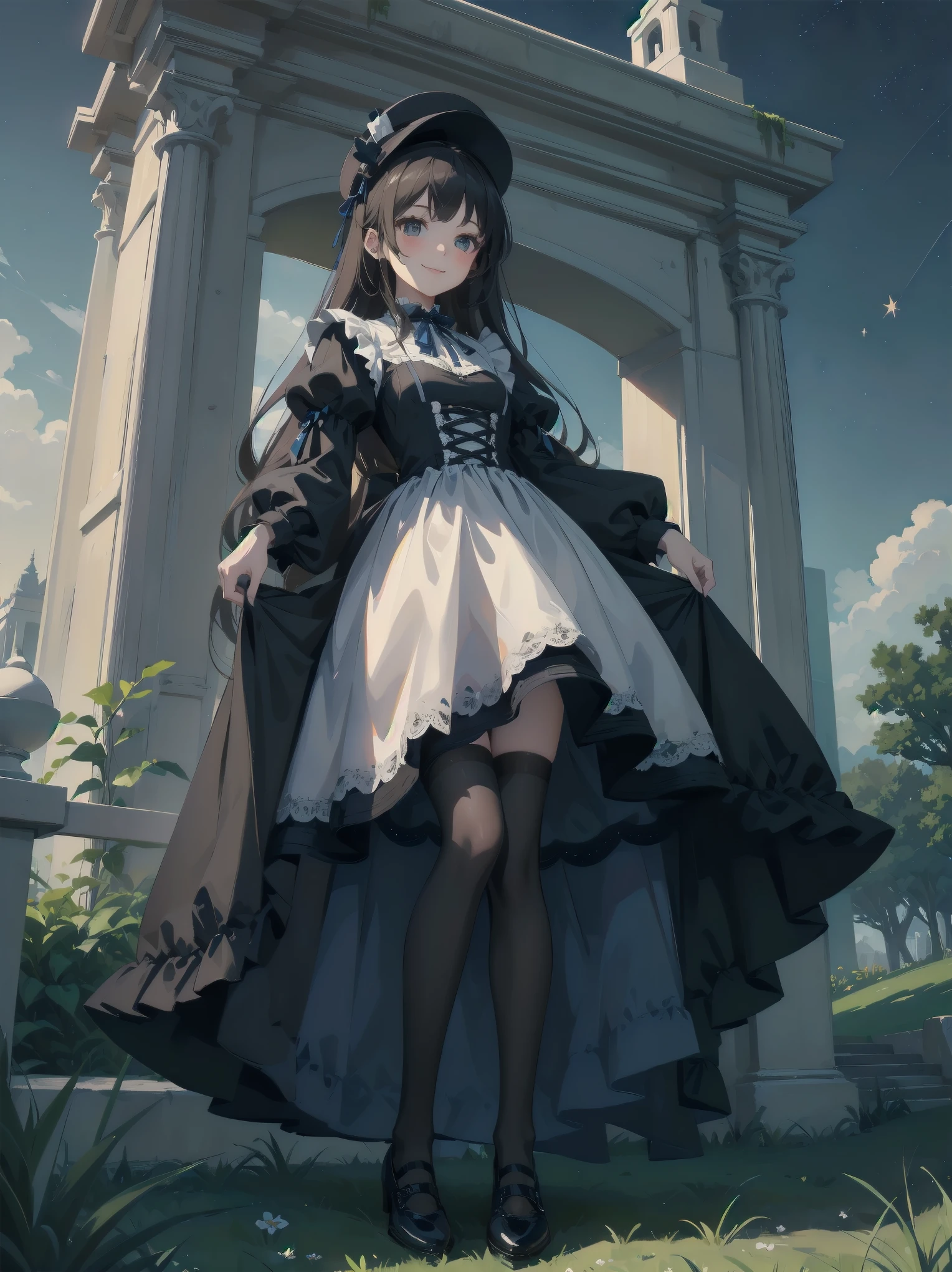 A serene outdoor scene unfolds at dusk, with a brilliant blue sky transitioning into a canvas of twinkling stars. A beautiful young girl, dressed in a stunning white and black gothic maid dress adorned with a navy blue ribbon, stands amidst lush green grass. Her companion, a delightful ddler, dons a charming maid hat with ruby accessories, complemented by black stockings and shoes. The line beams with joy, smiling brightly as they gaze up at the celestial display together