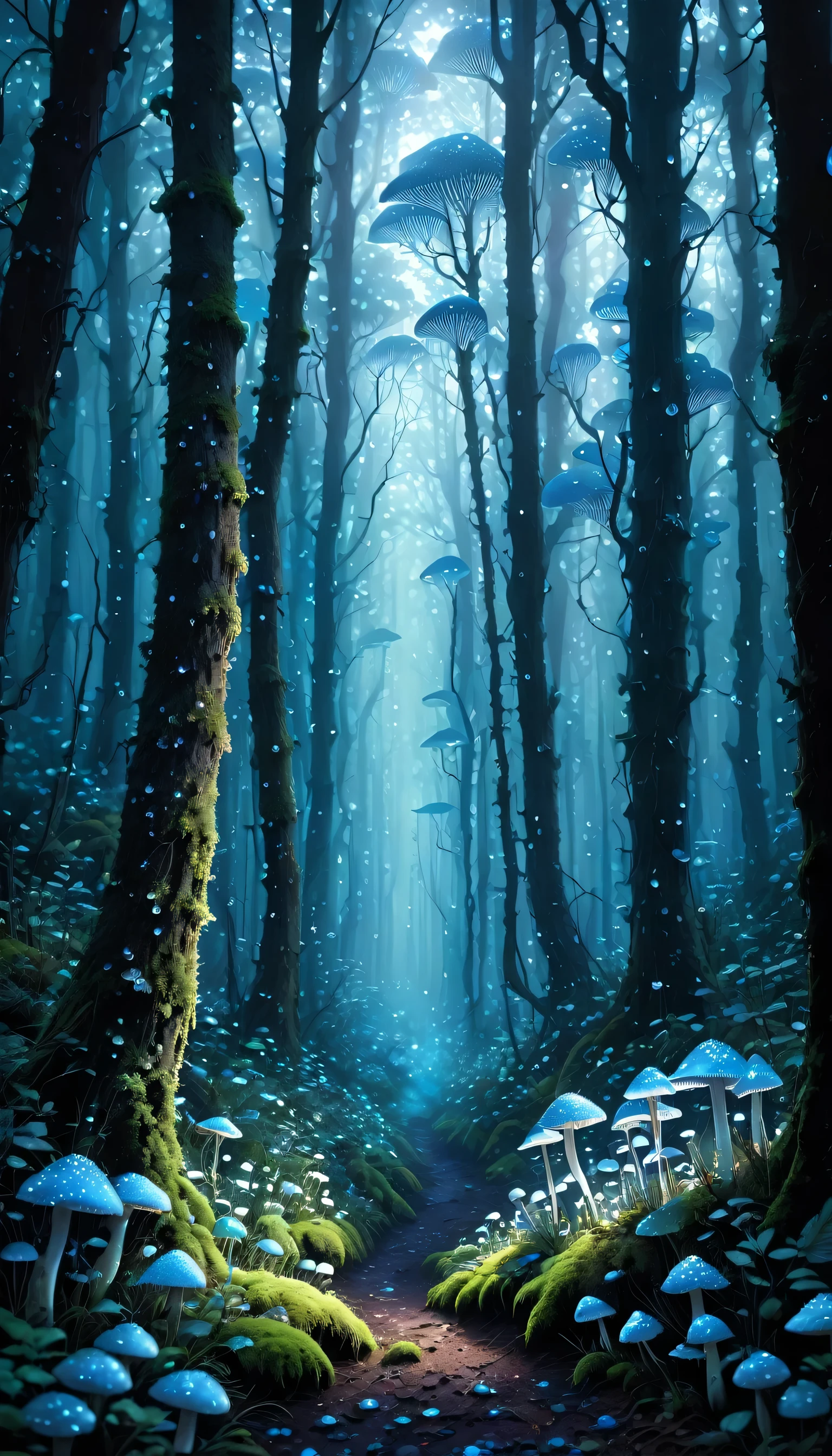 In a dark forest，Along the forest dotted with small pale blue mushrooms，There are tall ancient trees in the deep and dense dark forest，Dewdrops scatter shafts of light like dusk