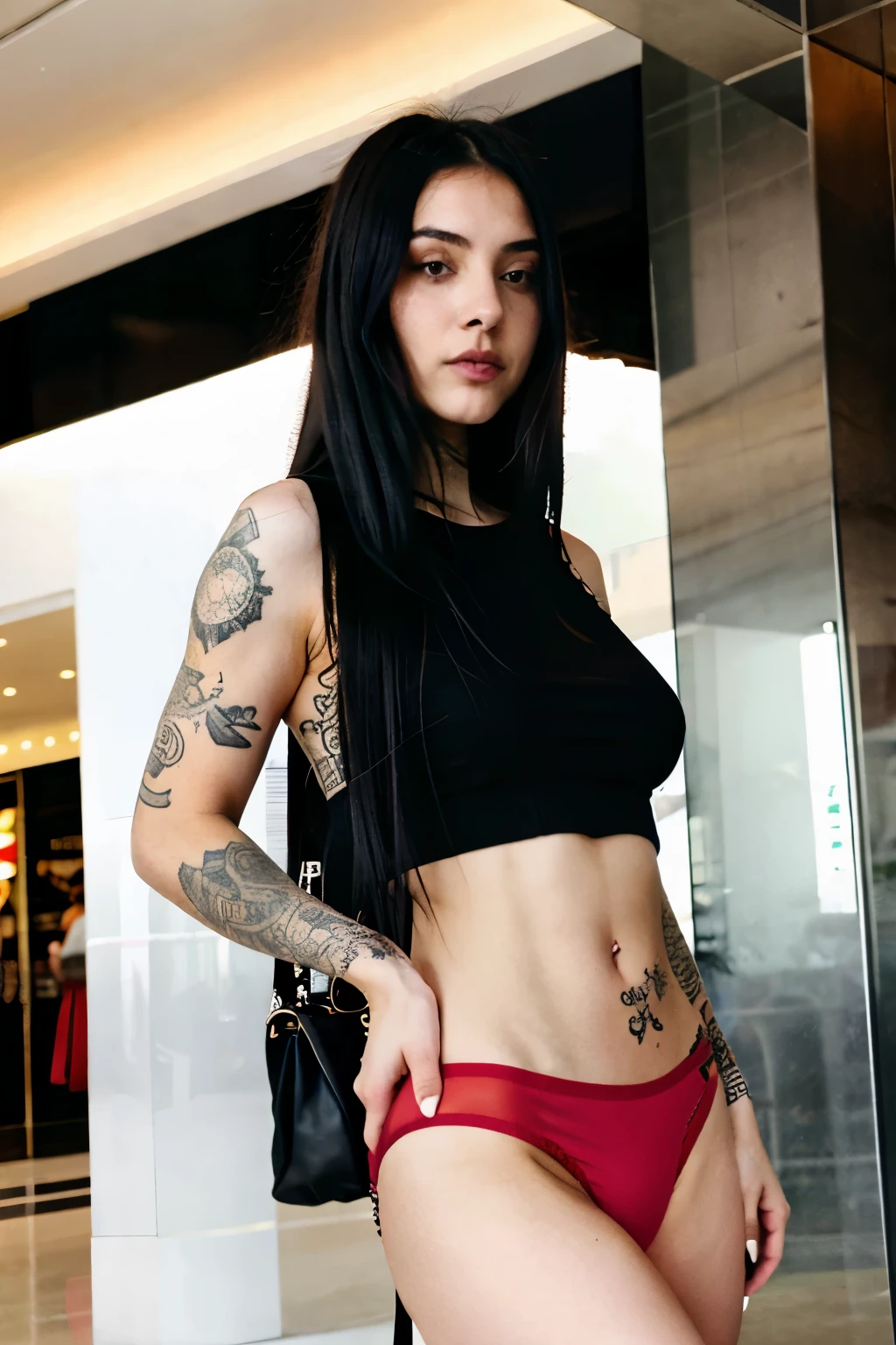 Tattooed goth girl in crowded mall, long  hair, very naughty and sexy wearing a transparent crop top and red panties.