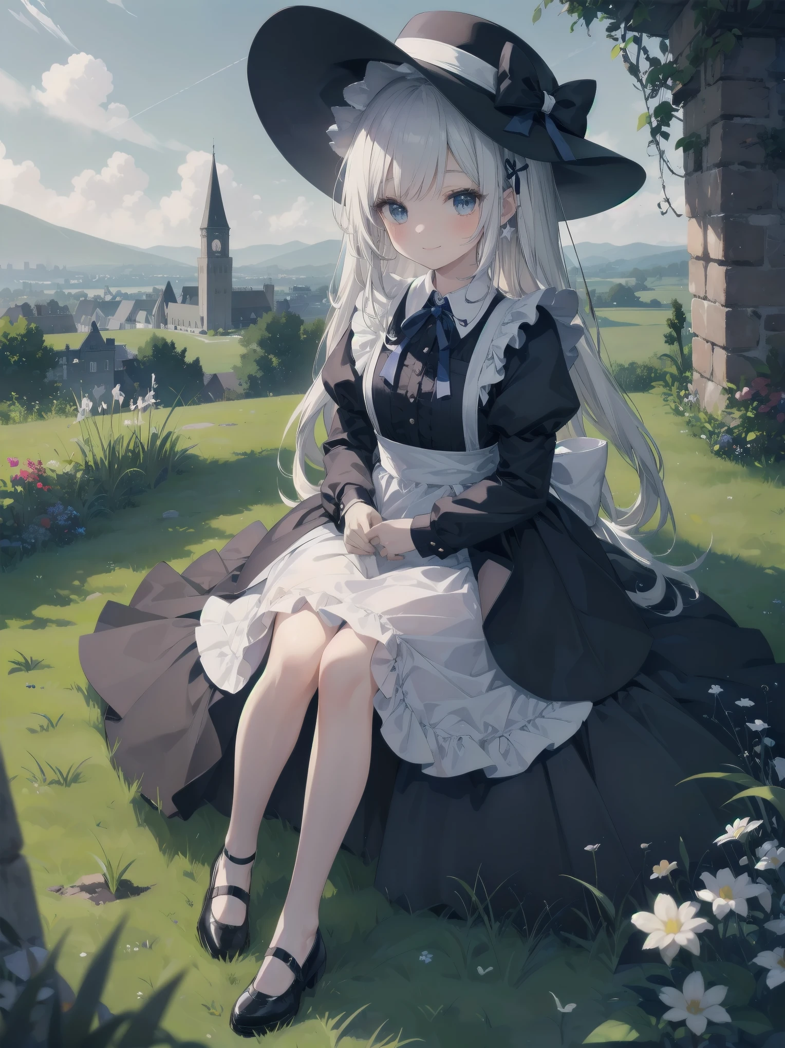 A serene outdoor scene unfolds at dusk, with a brilliant blue sky transitioning into a canvas of twinkling stars. A beautiful young girl, dressed in a stunning white and black gothic maid dress adorned with a navy blue ribbon, stands amidst lush green grass. Her companion, a delightful toddler, dons a charming maid hat with ruby accessories, complemented by black stockings and shoes. The little one beams with joy, smiling brightly as they gaze up at the celestial display together
