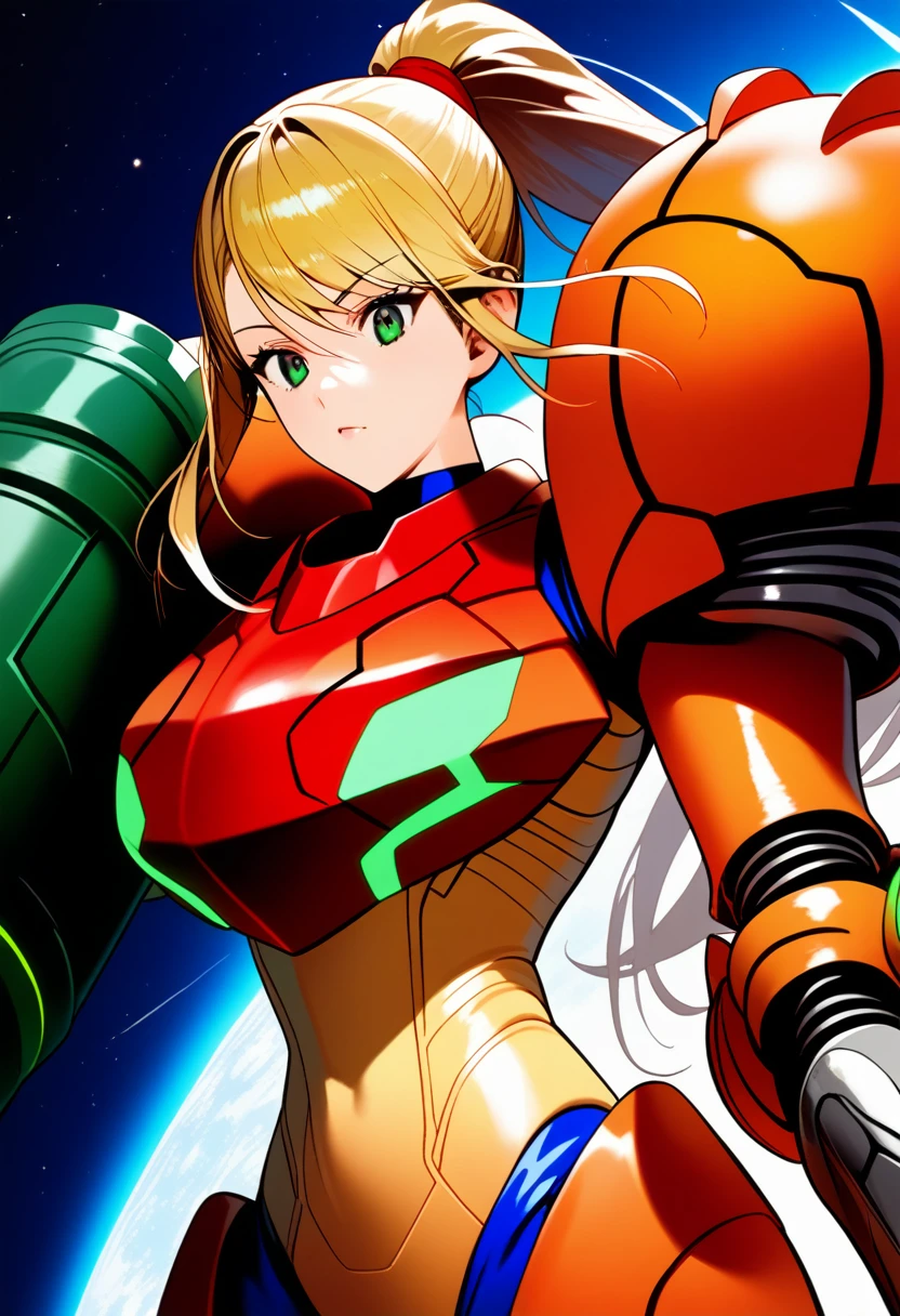 (best quality),female, long hair, ponytail, bangs, power suit(metroid),arm cannon,full armor,space background,ultra-detailed,sharp focus,aesthetic, score_9, score_8_up, score_7_up,source_anime,
