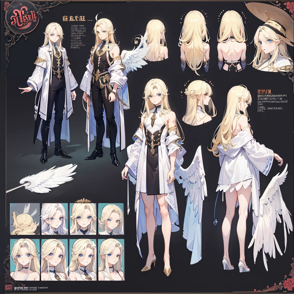 (Masterpiece, best quality), detailed, 1 man, ((character concept art)), ((character design sheet, same character, front, side, back)), full body, body complete, 1 Male angel, 1 Man angel, Detailed face, character design sheet，full bodyesbian, Highly detailed, character sheet, character design, Many parts, dark skin, angel wings, long blonde hair, angel outfit, muscle male god, male clothes, masculine, muscle man, male muscle, manly, male angel, Muscle male with long blonde hair，beautiful man, beautiful muscle man