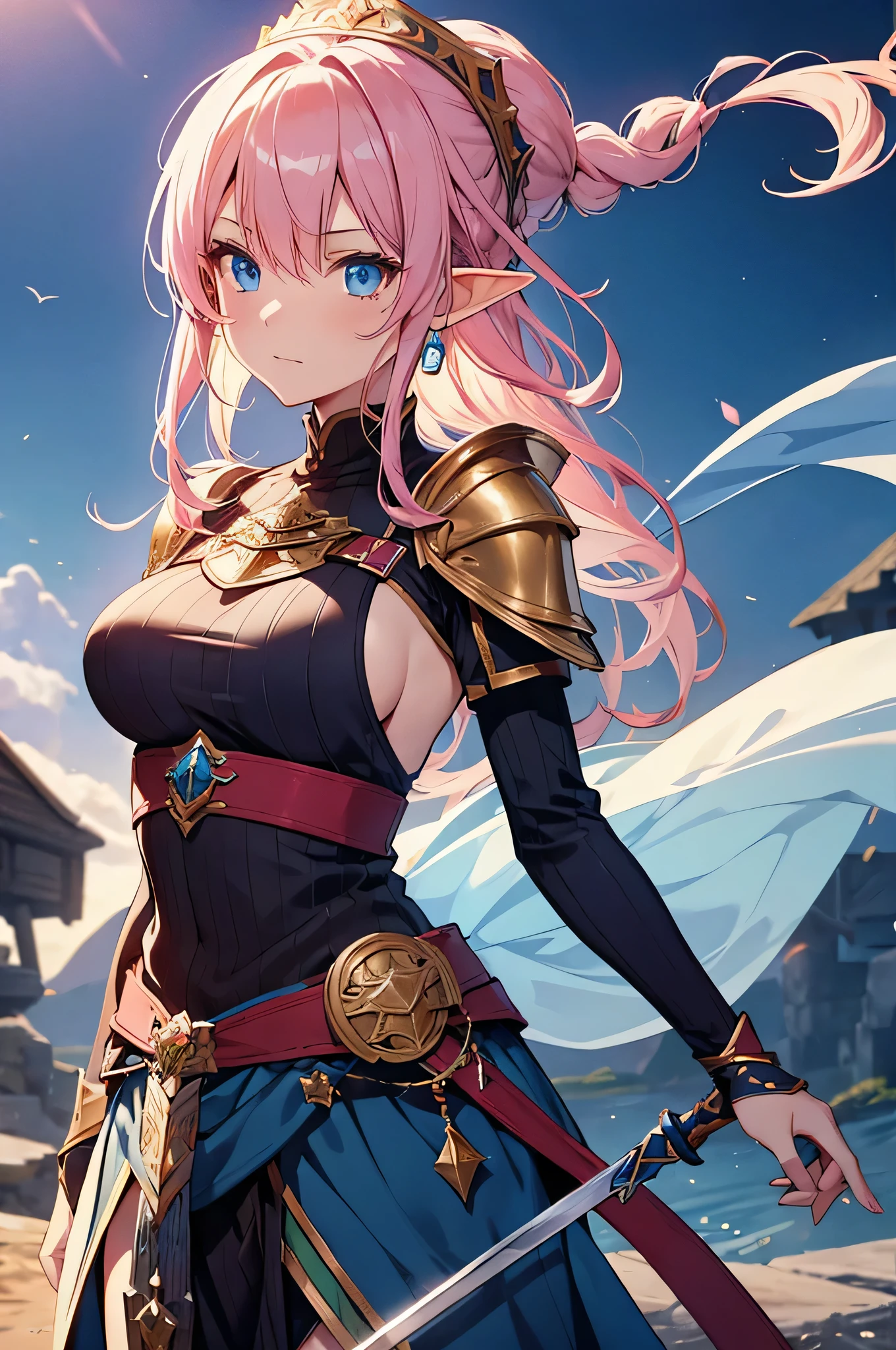 4K,High resolution,One Woman,Elf,Pink Hair,Long Ponytail,Braid,Blue Eyes,Big Breasts,knight,White sacred armor,Sideboob,Full Armor,hair band,Gold decoration,Jewelry decoration,Long sword,Medieval castle