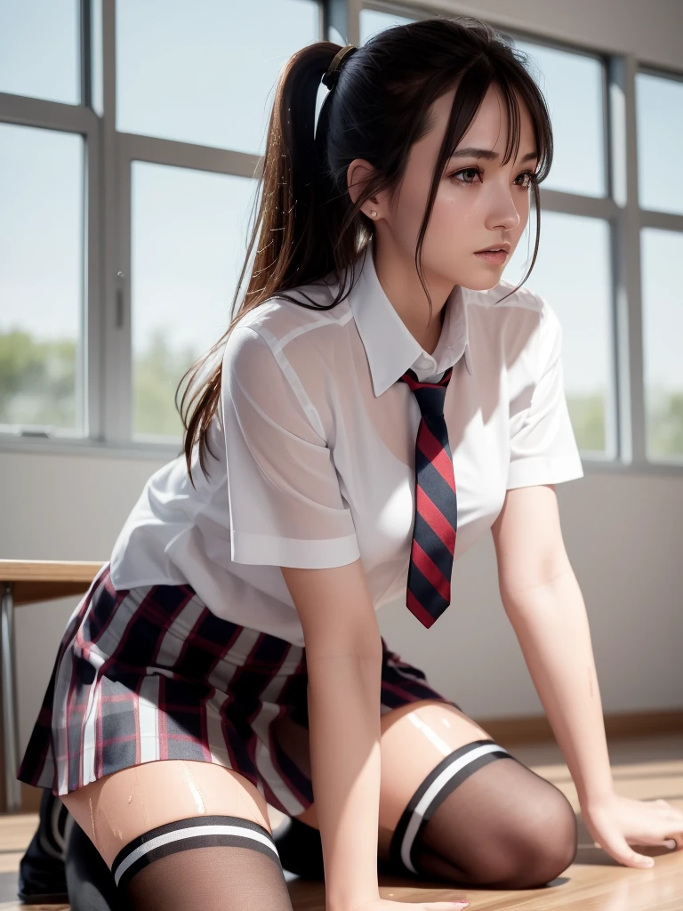 (masterpiece, best quality:1.2), a hyperrealistic , solo, 1girl, krira knightley, (shiny skin, wet skin:1.2), sweating, slight smile, looking at viewer, on all fours, , white shirt, plaid skirt, thighhighs, afternoon, classroom hyperrealistic 