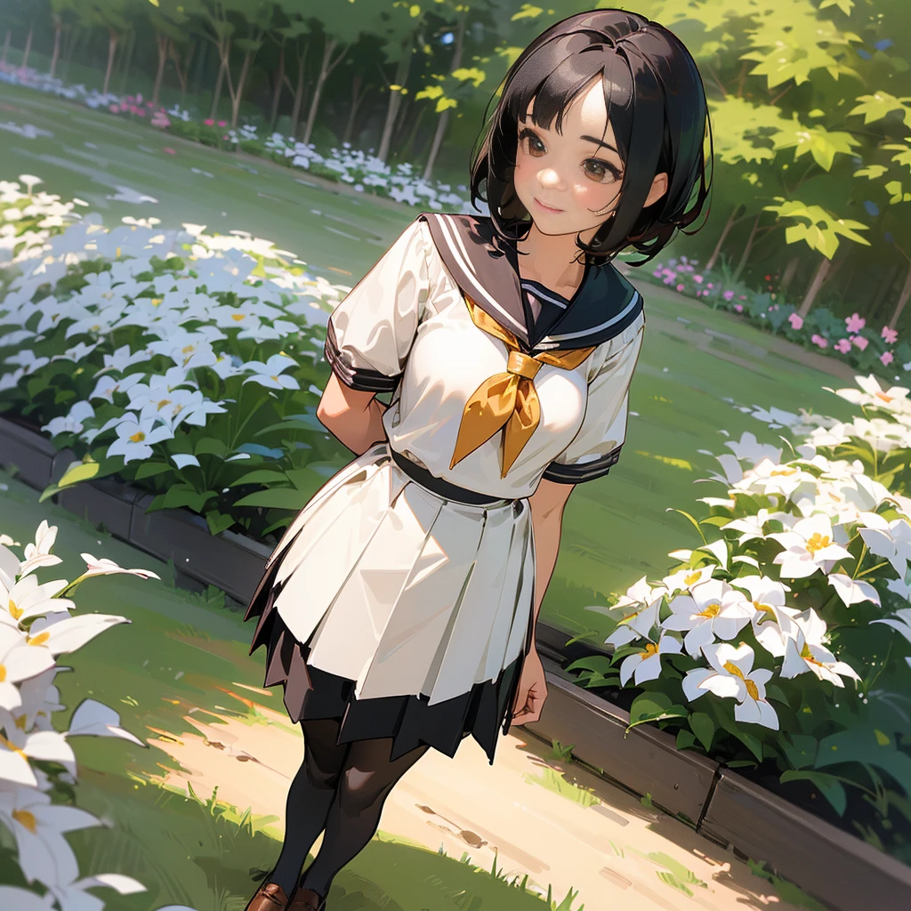 (Highest quality, High resolution, Super detailed, Realistic:1.37), Peaceful atmosphere, (Outdoor, garden), Teenage girl standing alone,(my breasts are big.),Beautifully detailed features, Cute Smile, ((Black bob hair)),Short-sleeved sailor uniform, Pleated skirt,Black tights,Brown leather shoes.