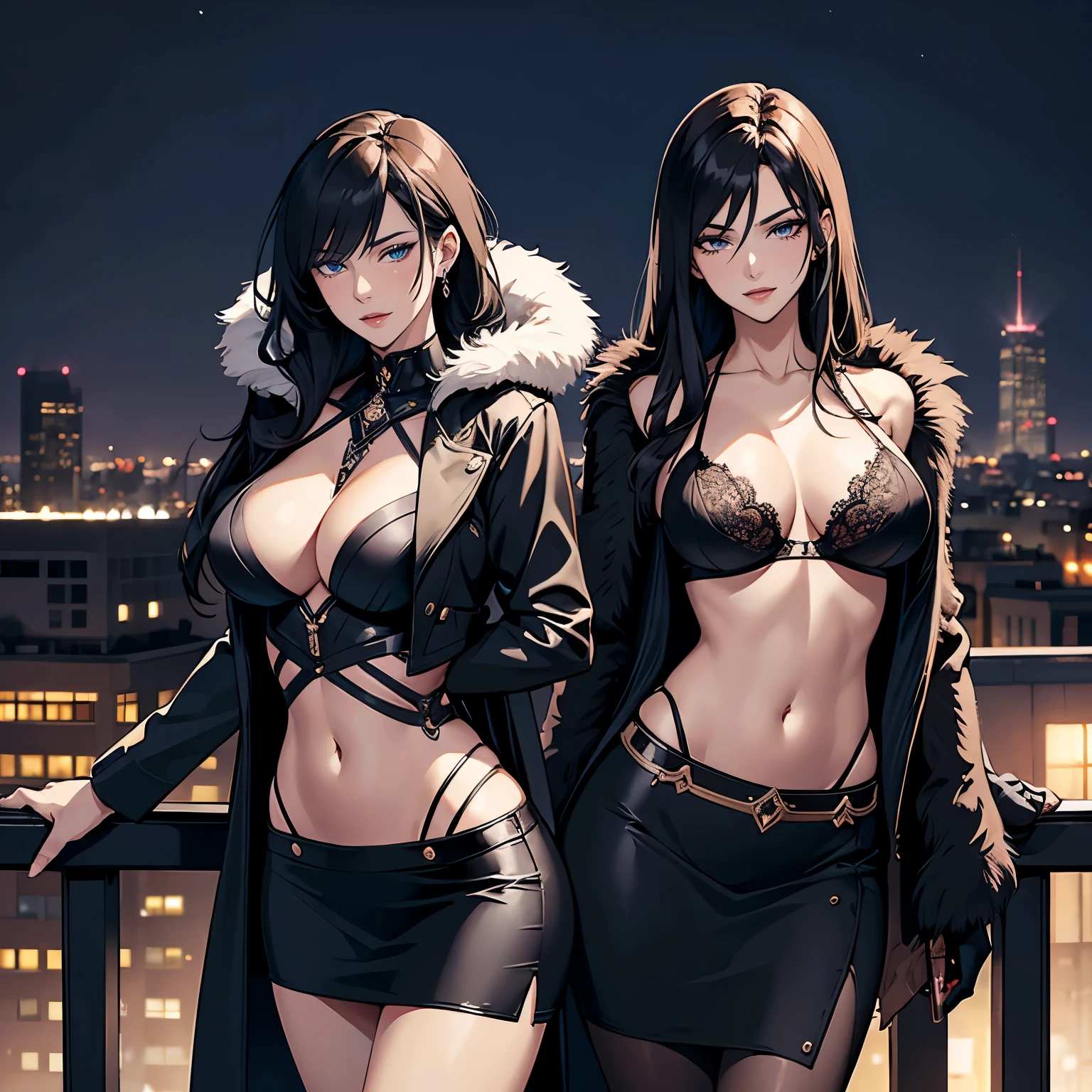 2girl, two girls, long hair, blush, lipstick, fur trim, mature female, gloves, fur-trimmed coat, outdoors, rooftop, cityscape, building, railing, night, night sky, scenery, city lights, masterpiece, best quality, highly detailed, a girls with a gun, evil smile , open mouth, sexy gaze, badass
pose , evil smile, smile, (nsfw) not safe for work, guns blazing, anime girl with long hair, beautiful long
haired girl, navel, evil expression, exposed belly, exposed navel, exposed midriff, exposed lower belly,
long black pants, crop top, cleavage, unbuttoned leather pants ,open fly, low rise black leather pants,
leather jacket, holding a gun, navel piercing