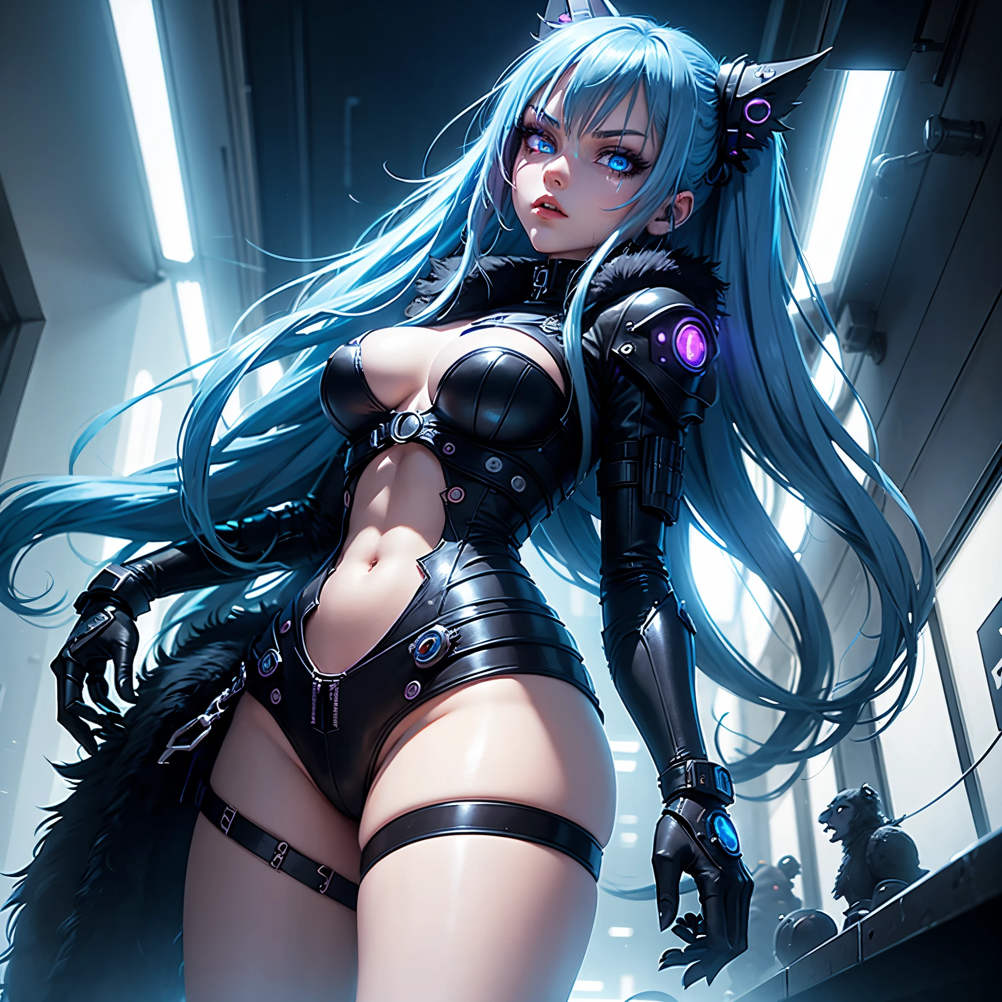 View from below, angle from below Girl Android demonic gloomy with long blue hair woman with sexy hips half cyborg modification Beautiful fur blue eyes stands at full height Anime Style black background Cyberpunk style, black background image of night black city and blue neon lights fluorescent lamps