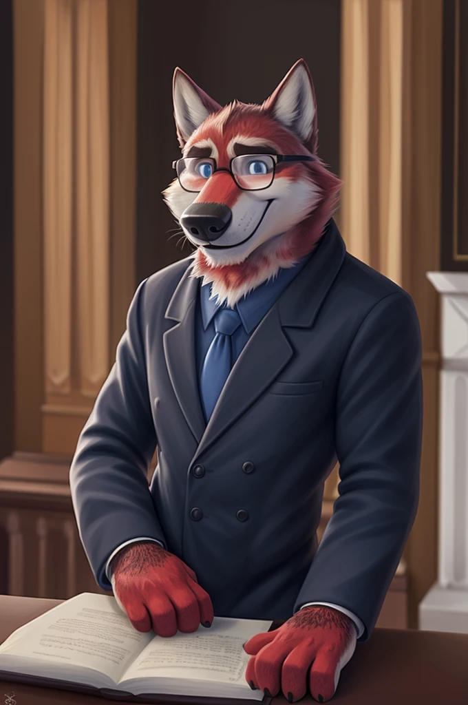 Ivan Fedorovich Wolfbach (Novosibirsk) ,tall handsome, wolf,young, 24 years, brown fur,Kind,(red body:1.3),beautiful blue eyes,Novosibirsk,dressed, black, Judge's Mantle, glasses shirt, tie, trousers, , wolf, detailed fur, male,paw pads, finger claws,At the viewer, 5 fingers, paws, 5 fingers, smile, wrist watch, т nextel,by xenoforge, (difficult, high detail, digital photography, soft focus, RAW variety вкдущий передачи,Very close to the camera, variety,Novosibirsk, smile, good mood, positive, Very close to the camera, is sitting, poet of books, is sitting за компьютером столом,
Photorealism, realistic, digital style, Subsurface scattering,I look at the viewer,smdit writes a book, a glass of water, handle, paper,
masterpiece, Best quality, ultra realistic, 8 thousand.)