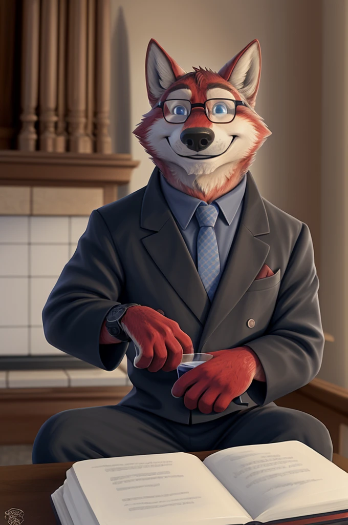Ivan Fedorovich Wolfbach (Novosibirsk) ,tall handsome, wolf,young, 24 years, brown fur,Kind,(red body:1.3),beautiful blue eyes,Novosibirsk,dressed, black, Judge's Mantle, glasses shirt, tie, trousers, , wolf, detailed fur, male,paw pads, finger claws,At the viewer, 5 fingers, paws, 5 fingers, smile, wrist watch, т nextel,by xenoforge, (difficult, high detail, digital photography, soft focus, RAW variety вкдущий передачи,Very close to the camera, variety,Novosibirsk, smile, good mood, positive, Very close to the camera, is sitting, poet of books, is sitting за компьютером столом,
Photorealism, realistic, digital style, Subsurface scattering,I look at the viewer,smdit writes a book, a glass of water, handle, paper,
masterpiece, Best quality, ultra realistic, 8 thousand.)
