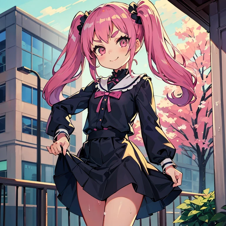 Young girl with pink hair, medium long twintail,  twintail with double scrunchie on each twintail hairstyle, (pink eyes),, ((small bushy eyebrows)), wearing gothic lolita clothing, lolicon , walking to school, flirty smile, , lifting her skirt to show her vagina wet with semen