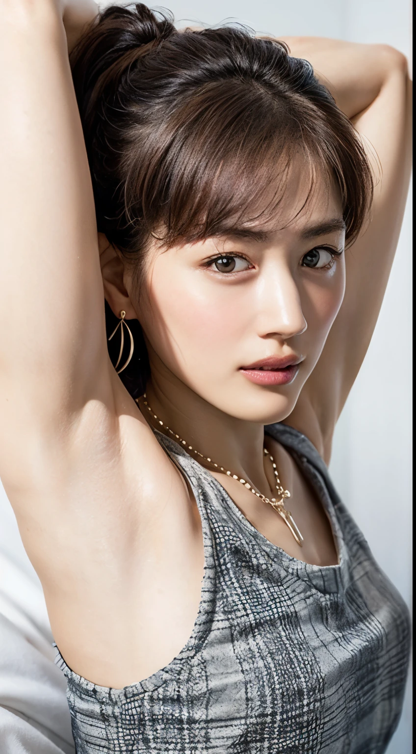 (Realistic:1.3、Ultra HD、Ultra-high resolution、8K、Japanese Housewife、At work、In the bedroom、bed)、((Look Viewer:1.8))、(Extremely realistic skin texture:1.4)、(Realistic:1.3)、short hair、(Embarrassed look:1.6)、(blonde:1.1)、(40-year-old woman、Mature Woman)、Ponytail Hairstyles、(Raise your arms high to show your armpits:1.5)、(Armpit close-up:1.55)、(Shooting from the side:1.2)、necklace、Earrings
