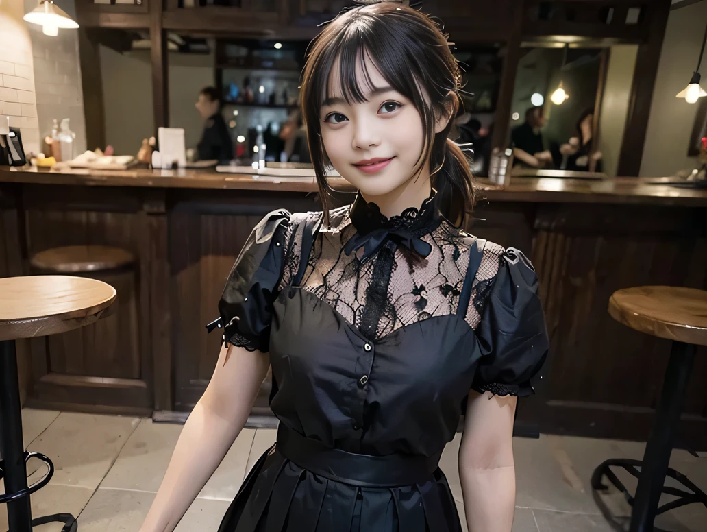 (Highest quality, masterpiece, Ultra-high resolution, 8K, RAW Photos, Realistic, Anatomically correct:1.5), 20-year-old girl:1.2, Embarrassing, avert your eyes, blush:1.0, View Viewer, ((bar)) 、Night view、 Light:1.2, Bokeh, Cinema Lighting:1.0, Depth of written boundary, sharp、 Cute face、Idol、Black short sleeve lace top、Black pleated skirt、Black clothing、”dwarf”、Full Body Shot、Waist、I can see your thighs、Cowboy Shot、 smile、(Ultra short hair、Short ponytail)、(Straight bangs)、((See-through))、(( One Girl))、sit、