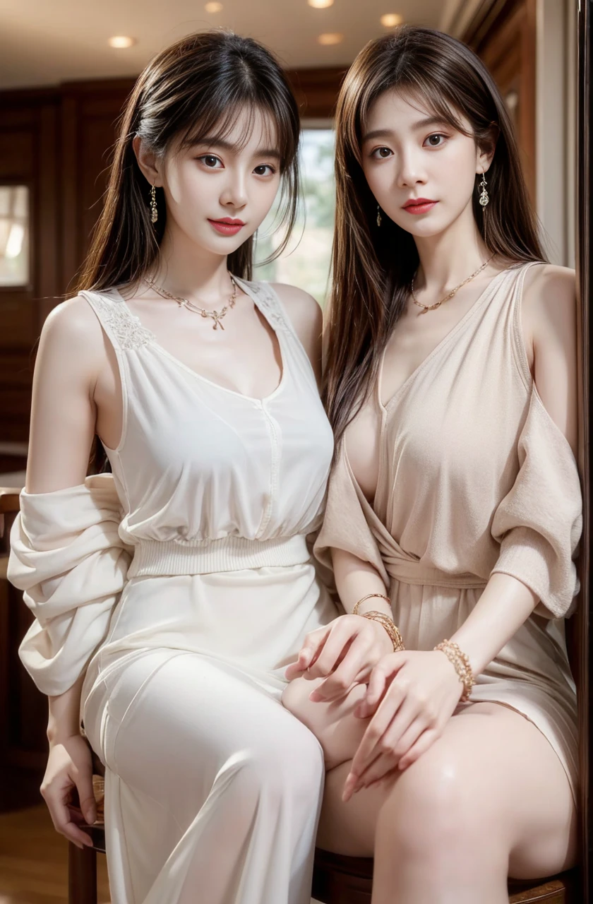 practicalphotography，22 years old，portrait，Upper Body，Korean，（Mature：1.3），1 girl，beautiful girl，arrogant，Sitting in a large classroom chair，（necklace、earrings、bracelet：1.1），sleeveless，（Cleavage：0.3），at home，（Environmental details：1.3），（Original image、CG Unity、photography、Ultra-practical details、Clear focus、Delicate skin、4K、high resolution、masterpiece、Best quality、practical、Energetic：1.2），（8K、4K、Ultra-high quality、high resolution、major、ish、dramatic），（Armpits：1.2），Detailed home background