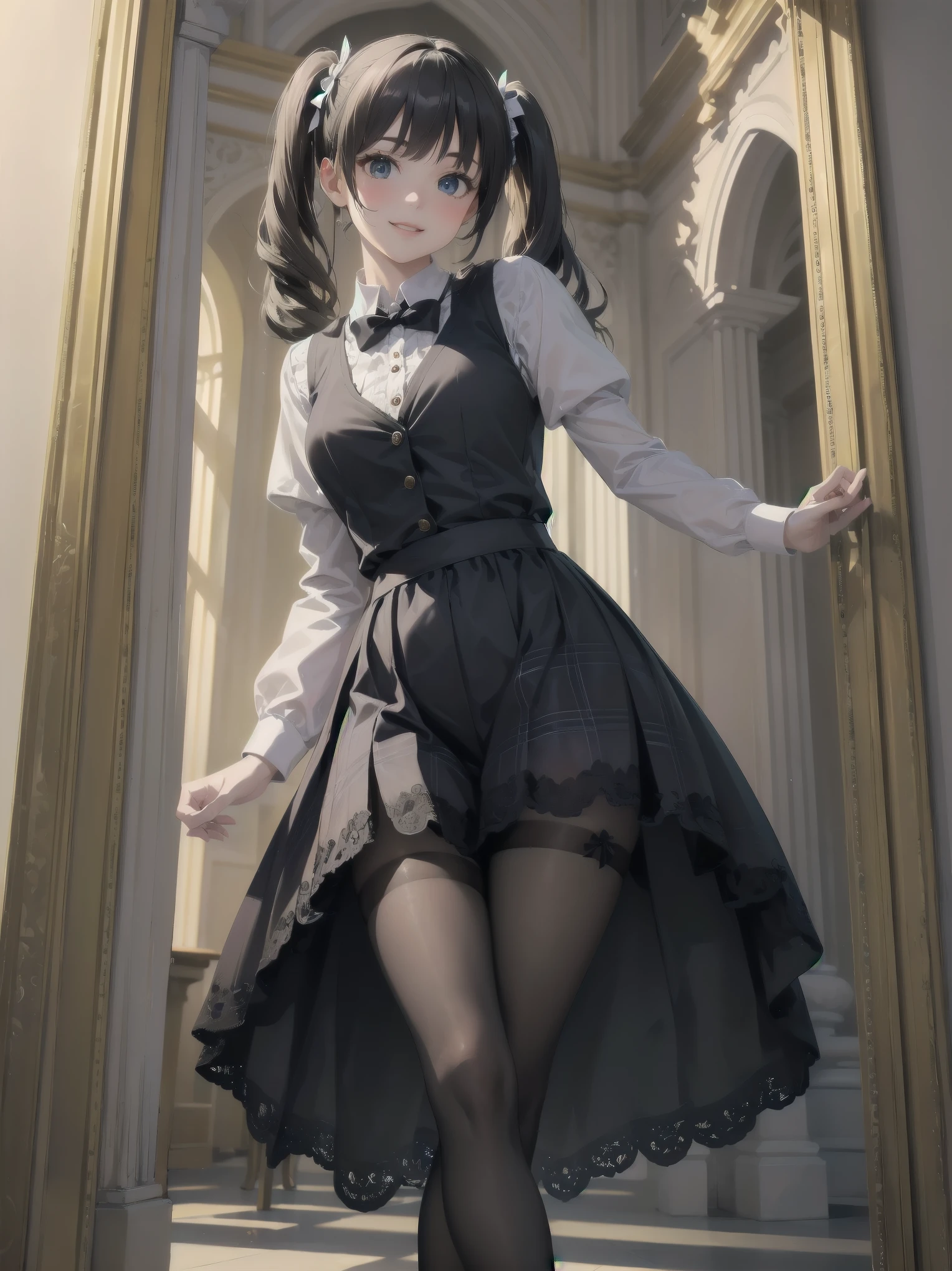 A lavish, photorealistic illustration of Soro, a charming 19th-century maiden, exudes elegance in a masterfully crafted scene. Framed by a ornate, gilded archway, she stands poised, her twintails adorned with sparkling bows, her cardigan vest and short-sleeved shirt perfectly complementing her plaid skirt. Over black legwear, her loafers add a touch of whimsy. A radiant smile spreads across her face, her eyes sparkling like diamonds in the soft, golden light. Every detail, from the intricate lace trim to the delicate folds of her garments, is meticulously rendered by a master illustrator's hand, Dynamic angle shooting by Spielberg、Audrey Hepburn&#39;s acting instruction: Dynamic poses