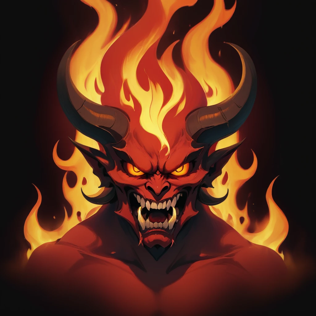 (A demon head made of flames with a threatening gesture), ancient red demon, black and diffuse background, Masterpiece, The best quality, Highly detailed