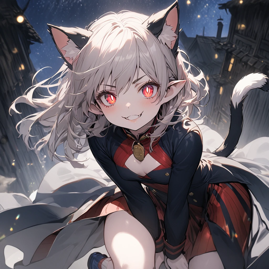1girl, model's expressiion, silver hair, short and curly hair, cat ears, red eyes, large pupils, double eyelids, slender eyebrows, long eyelashes, small nose, small mouth, sharp jawline, blue military-style coat, six gold buttons, short red striped skirt, high collar, long sleeves, slender wrists, flexible fingers, white skin, cat-like claws, red striped knee-high socks, blue shoes, sturdy soles, slender ankles, small feet, long legs, muscular thighs, thin waist, wide shoulders, cat-like gaze, long neck, straight shoulder line, straight back, muscular arms, long fingers, firm upper arms, soft hands, small palms, cat-like smile, serious furrowed brows, pointed ears, pink inside of ears, thin eyelids, upward curled eyelashes, vertical slit pupils, cat whisker-like cheek markings, many lower eyelashes, small nostrils, thin lips, pointed chin, protruding collarbones, straight posture, high hips, muscular thighs, pointed knees, well-fitted socks, neatly tied shoelaces, soft cat ears, rounded ear tips, soft fluffy hair, thin eyebrows, light pink lips, white teeth, well-shaped lips, smooth skin, sensitive ears, reflective pupils, heavy eyelids, slightly curved cat ears, well-fitted coat, wide skirt hem, shining buttons, slightly old shoes, hair waving in wind, sparkling pupils, moving cat ears, nighttime forest background, moonlight, starry night sky, G-cup chest, cocky cat-like expression, thick glossy thighs and hips, detailed texture of hair and clothing, light and shadow contrast, background details including swaying grass and old building, specific lighting conditions with moonlight casting shadows, detailed coloration of outfit with deep blue and red stripes, intricate design of buttons, and emotional depth in expressions showing defiance, joy, and determination.
