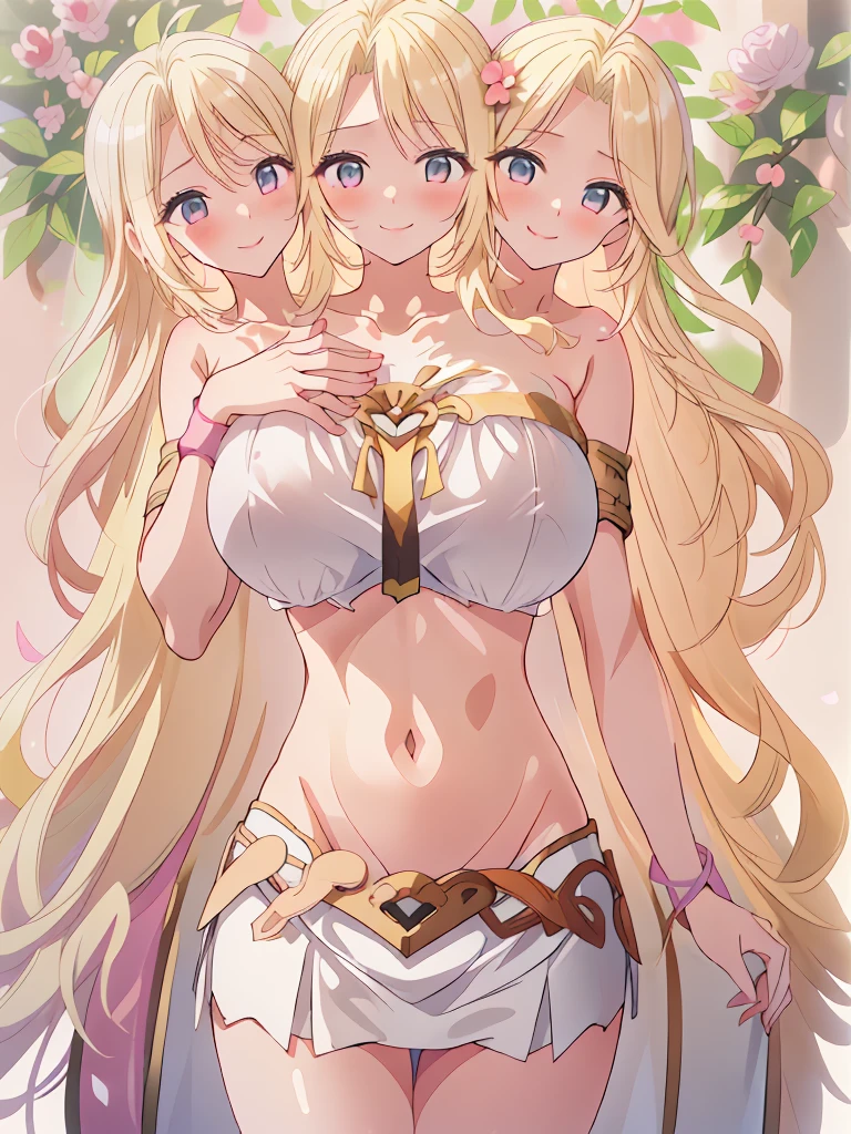 (masterpiece, best quality), best resolution, (3heads:1.5), 1girl, blonde hair, long flowing hair, smiling, seductive smile, open belly, white-pink crop top, white miniskirt, open breasts, big tits, very huge tits, black headband, beautiful eyes, alluring presence,
