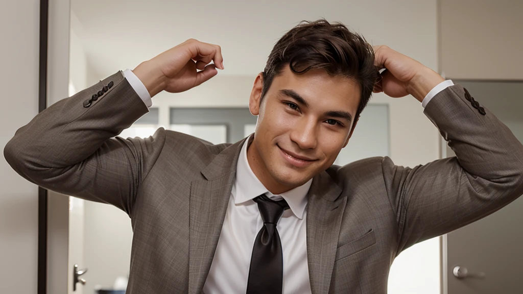 Create an image for a Linkedin profile of a young man with fair skin, brown eyes, clean shave, a discreet smile and wearing a suit and tie