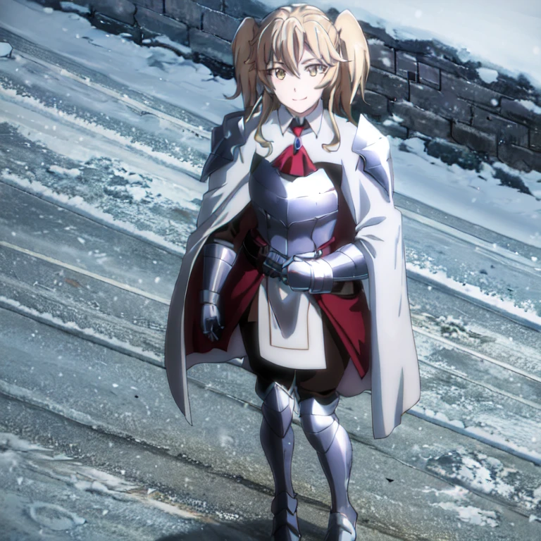 GoblinSlayer, NobleFencer, solo, girl1, looking at viewer, smile, long sleeves, brown eyes, long white cape, armor, shoulder armor, portrait, red ascot, snow, outdoor, full body view 