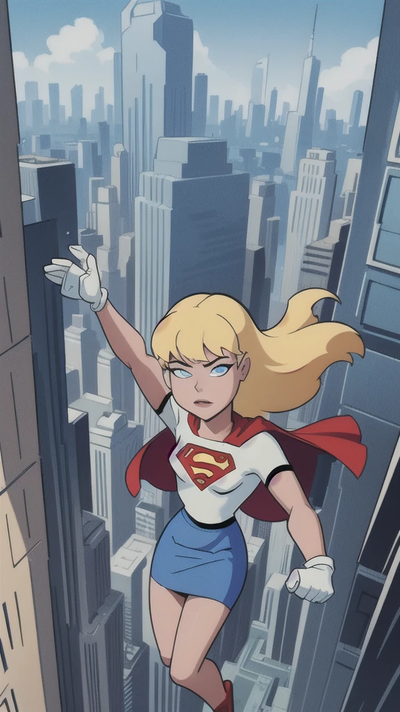 work of art, best qualityer, 1 girl, Supergirl, hair blonde, long hair, hair elastic, blue colored eyes, mitts, red cloak, blue skirt, white  shirt, blue sky, flight, city below 