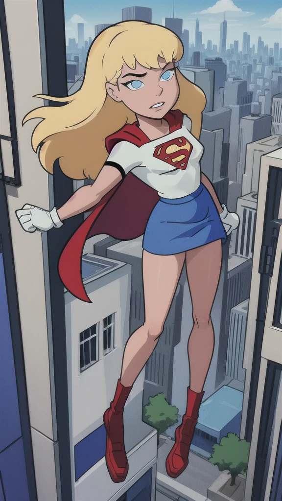 work of art, best qualityer, 1 girl, Supergirl, hair blonde, long hair, hair elastic, blue colored eyes, mitts, red cloak, blue skirt, white shirt, blue sky, flight, city below