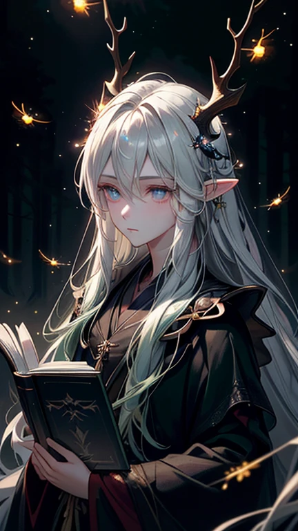 Masterpiece, Best Quality, High Quality, (Long Hair, White Hair), Close up, (glowing light blue eyes), (Darkness:1.2), (Fair Skin), (1Lady, Mythical Creatures, Dark Green Robe) , Solo, Calm, Antlers Deer Horns, (dynamic angle), pointy_ears, magic book, Nature, Fantasy, Abstraction, Deep Forest, Dark Forest, Award-winning photography, Depth of field, HDR, Very detailed, Trending in art stations, Trending in CGsociety, Complex, High detail,(Masterpiece:1.2, Best Quality), (Best Lighting, Very Delicate and Beautiful), (Best Lighting, Very Delicate and Beautiful), (Beautiful Detailed Face), (Detailed Eyes and Detailed Face:1.2), Dark Fantasy, (depth of field),high contrast, (darkness night:1.4), (fireflies:1.4), Magnificent Dark Forest, Night