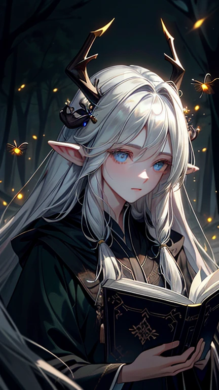 Masterpiece, Best Quality, High Quality, (Long Hair, White Hair), Close up, (glowing light blue eyes), (Darkness:1.2), (Fair Skin), (1Lady, Mythical Creatures, Dark Green Robe) , Solo, Calm, Antlers Deer Horns, (dynamic angle), pointy_ears, magic book, Nature, Fantasy, Abstraction, Deep Forest, Dark Forest, Award-winning photography, Depth of field, HDR, Very detailed, Trending in art stations, Trending in CGsociety, Complex, High detail,(Masterpiece:1.2, Best Quality), (Best Lighting, Very Delicate and Beautiful), (Best Lighting, Very Delicate and Beautiful), (Beautiful Detailed Face), (Detailed Eyes and Detailed Face:1.2), Dark Fantasy,  (depth of field),high contrast, (darkness night:1.4), (fireflies:1.4), Magnificent Dark Forest, Night