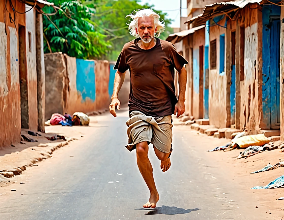 1 beggar white man running, the man has white hair, the man looks ahead, wears a brown t-shirt in rags, barefoot, HD, ultrarealistic