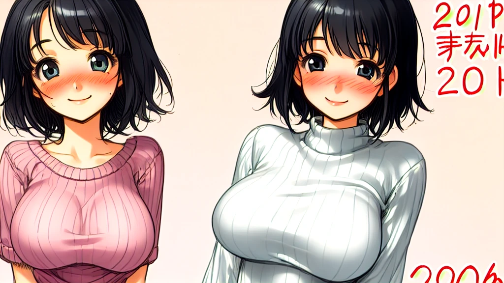 20-year-old、girl、Confused eyes、blush、Black Hair、knit、Large 、smile