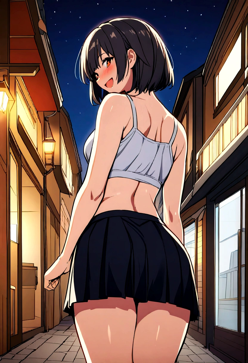 (absurdities, Best Quality:1.4), night photography, amateur photography, flash photography,
1 girl, 20 years, from behind, Look back, lift skirt,
medium chest, round ass, short hair,
short black skirt, White crop top,
SMILE, horny, drunk,
outside, street,