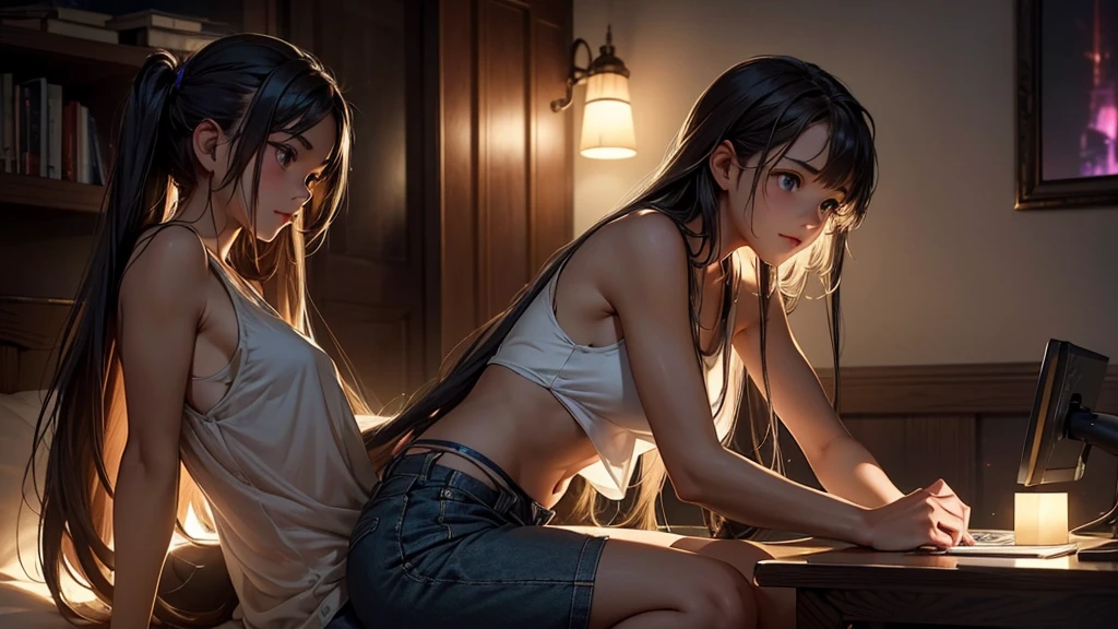 Create a high-quality, detailed image of a beautiful anime lofi girl with long hair and captivating eyes, sitting on her knees in a cozy gaming room. She is wearing a see-through tank top without a bra, showcasing her midriff, along with sleep shorts that accentuate her relaxed look. The warm and inviting scene features soft ambient lighting, creating a serene and intimate atmosphere with a touch of sensuality. The room includes comfortable seating and is illuminated by a small lamp, enhancing the cozy and personal setting. Various gaming accessories and a high-end PC setup with RGB lighting can be seen in the background, adding to the overall ambiance of her personal gaming space.