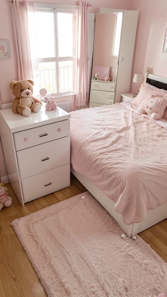 a room with a glass window a pink bed with a teddy bear,un closet ,a white dresser ,a large mirror and a television