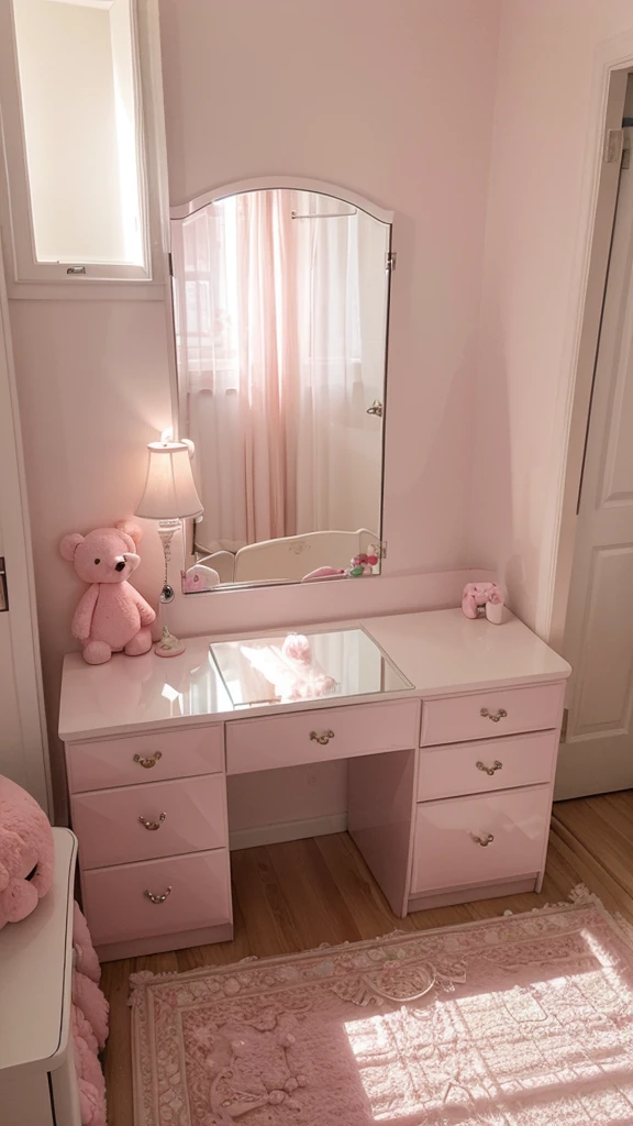 a room with a glass window a pink bed with a teddy bear,un closet ,a white dresser ,a large mirror and a television 