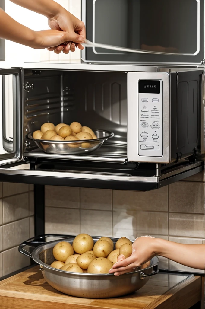 Drawing image of a woman washing potatoes shows the pot of water is boiling and the microwave is on.