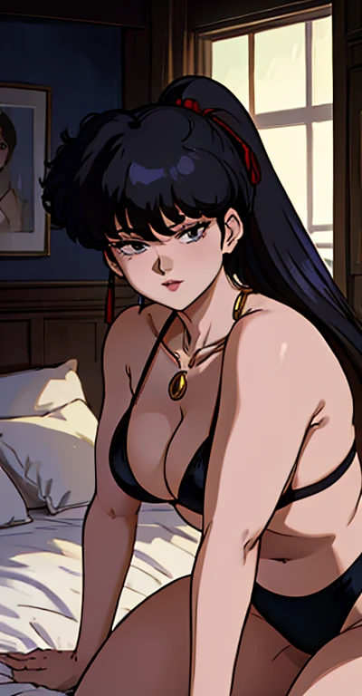 KodachiKunou, A gentle face、armored black bikini、Side Tail、Gold Necklace、8K, high resolution、palace、whole body、Fantasy、On all fours on the bed、Plump face、Droopy eyes、