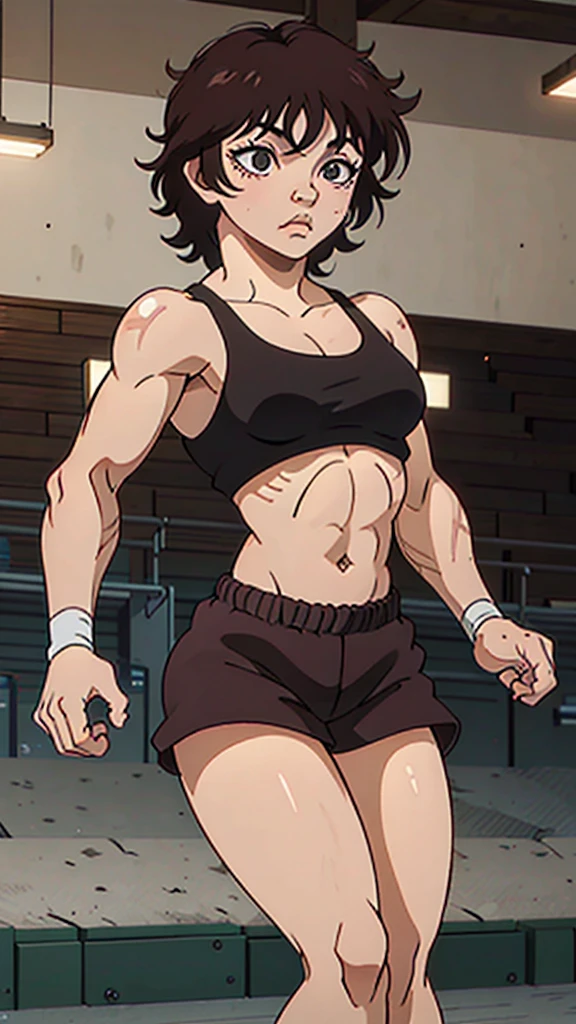 Cute strong slim girl with short shirt and black shorts short wild hair rosy cheeks pale skin wearing bandage in the fighting arena